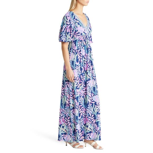 Lilly Pulitzer Manuela Maxi Dress Oyster Bay Navy Pink Spotted V-Neck Sz XS‎ - Picture 3 of 12